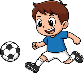 Cartoon boy playing soccer, kicking ball with energy, animated sports character, blue shirt, white shorts, fun athletic illustration design