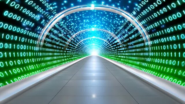 Futuristic tunnel with digital binary code.