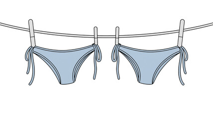 A minimalist line drawing of two light blue bikini bottoms hanging on a clothesline against a white background.