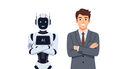 An illustration depicts a smiling businessman standing confidently with his arms crossed next to a friendly-looking robot, showcasing artificial intelligence integration.