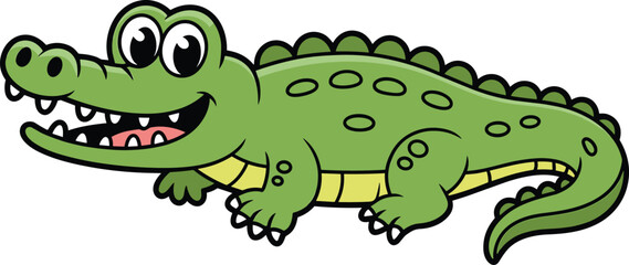 Cartoon crocodile vector, green alligator smiling, cute children's animal character illustration, playful reptile art for kids' books and media