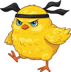 Cartoon yellow chick in martial arts pose, black headband, determined expression, fighting stance illustration, dynamic cute animal character design