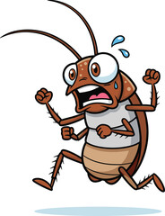 Cartoon cockroach running scared, sweating insect with funny expression, humorous pest illustration, vector bug character, playful dirty home invader