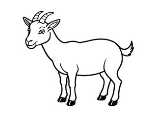 Simple cartoon line drawing of a happy goat standing and looking to the side isolated on white background
