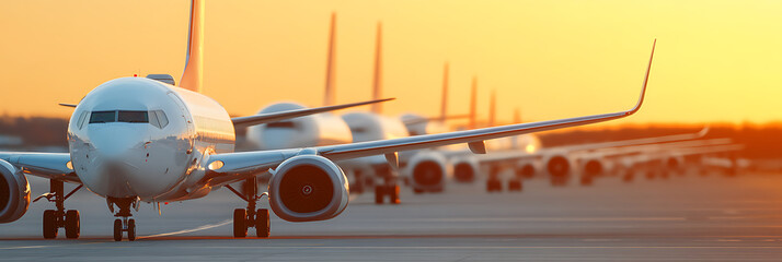 Airplanes lined up on the tarmac during sunrise or sunset. Warm light bathes the scene, highlighting multiple aircraft in a row, ready for departure or after landing.