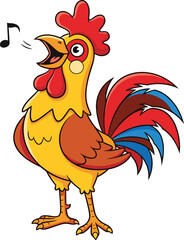 Colorful rooster singing vector, vibrant cartoon farm bird, animated animal illustration, cheerful poultry mascot, playful rural design art, fun