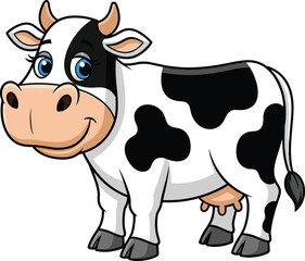 Cartoon cow vector illustration, black and white farm animal, blue eyes, smiling character, udders, horns, cute livestock design, isolated