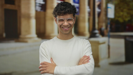 Man with arms crossed wearing glasses and smiling while winking on street by building columns;...