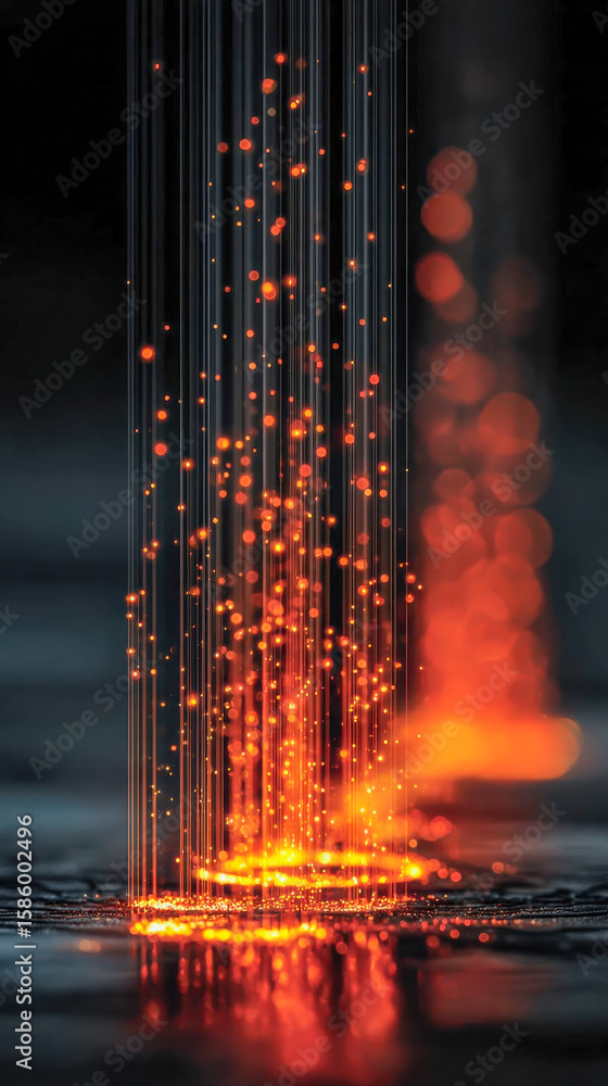 Poster vertical streams of glowing orange and red particles reflect on a glossy surface, creating a fiery l