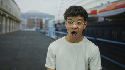 Man yawns beside boat in front of building facade wearing glasses with mouth wide open; tiredness...