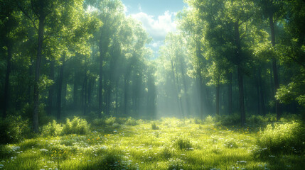 Obraz premium Gentle Morning Light Over a Peaceful Forest Canopy