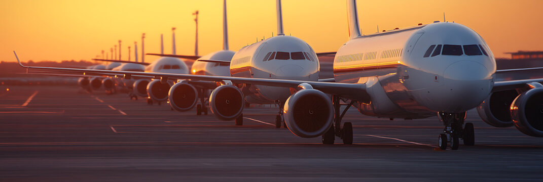 Airplanes lined up at sunset, ready for takeoff. A beautiful display of aviation and engineering. Capturing the essence of travel and adventure. - Powered by Adobe