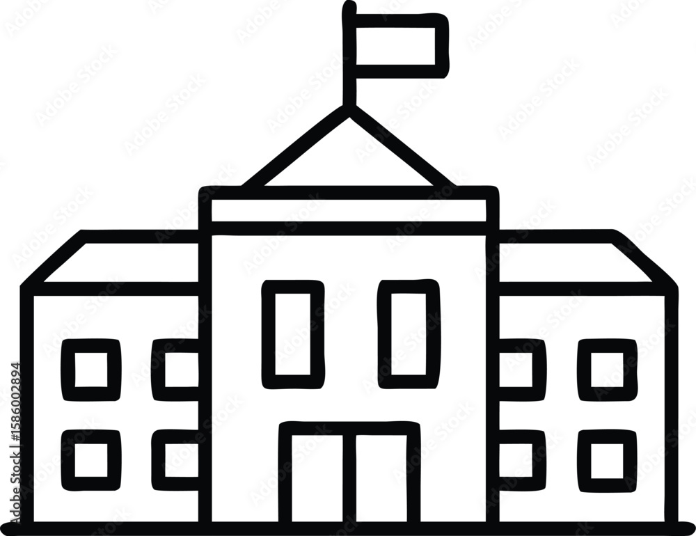 Poster simple building with flag icon in minimalist black outline style