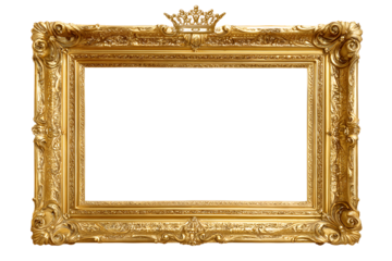 An empty golden picture frame with a crown on top on a transparent background