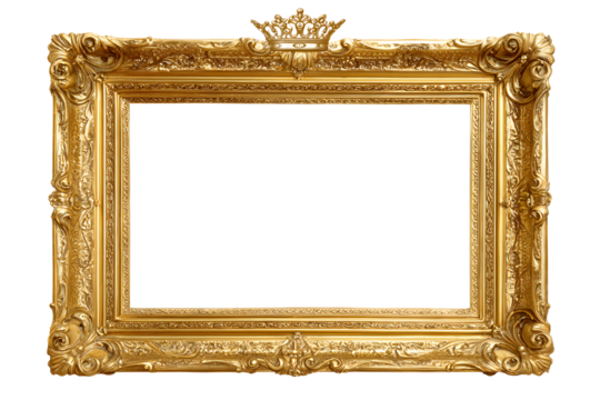 An empty golden picture frame with a crown on top on a transparent background