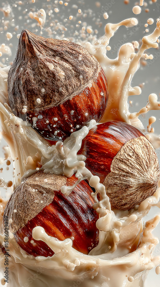 Aufkleber splashing close-up of hazelnuts falling into creamy milk, creating dynamic motion and texture contra