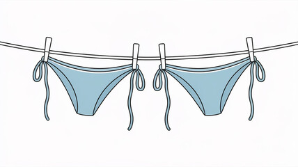 A minimalist line drawing of two light blue bikini bottoms hanging on a clothesline against a white background.