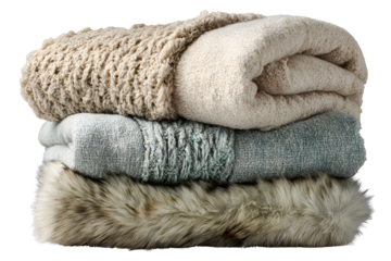An image of three folded blankets in neutral colors on a transparent background