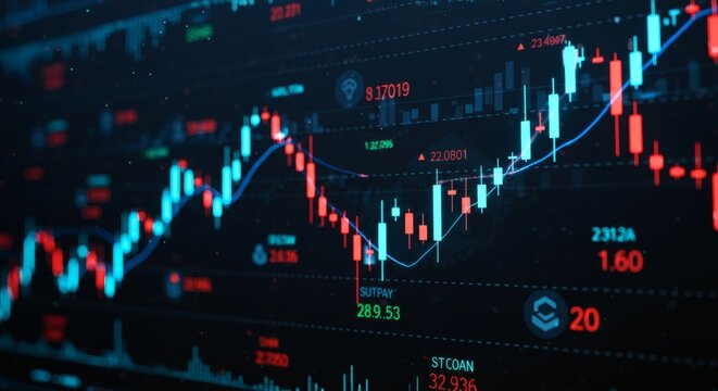 Digital Candlestick Chart with Blue and Red Data on Dark Screen
