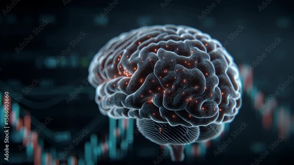 Poster abstract brain glowing with neural activity symbolizing intelligence, data analysis, and decision ma