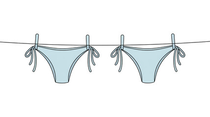 A minimalist line drawing of two light blue bikini bottoms hanging on a clothesline against a white background.