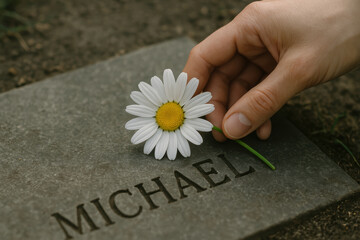 Hand placing daisy flower on engraved memorial stone as a gesture of remembrance and mourning in a peaceful outdoor setting