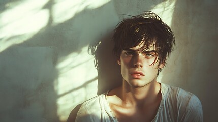 Intense portrait of a young man with wet hair in dramatic light
