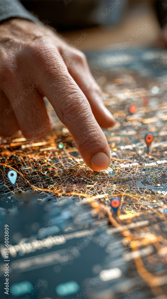 Poster a finger points to a glowing spot on a digital map filled with 3d location pins and network routes, 