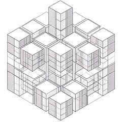 Isometric architectural drawing of cubes forming a larger cube structure illustration
