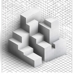 Isometric Staircase with Gridded Texture and Architectural Design, White and Black