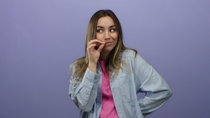 Young blonde woman makes a silent gesture in a playful manner over an isolated purple background,...