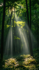 Obraz premium Sunbeams Breaking Through a Calm and Serene Forest Wallpaper