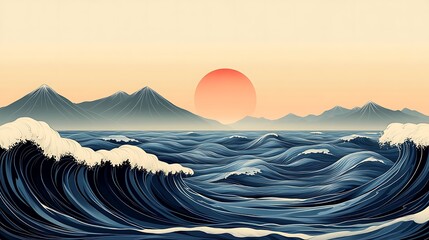 Japaneseinspired seascape illustration with mountains, waves, and a rising sun backdrop