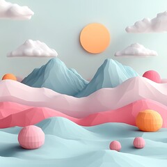 Low Polygon Landscape with Mountains, Clouds and Spheres in Pastel Colors