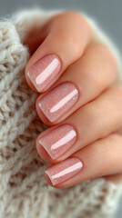 Close-up of a hand with well-groomed pink nails and a glossy natural manicure resting on a soft knitted fabric