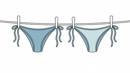 A minimalist line drawing of two light blue bikini bottoms hanging on a clothesline against a white background.