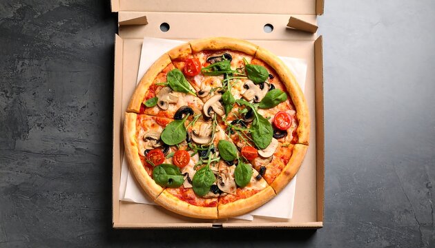 Pizza in a cardboard box on a dark surface - Powered by Adobe