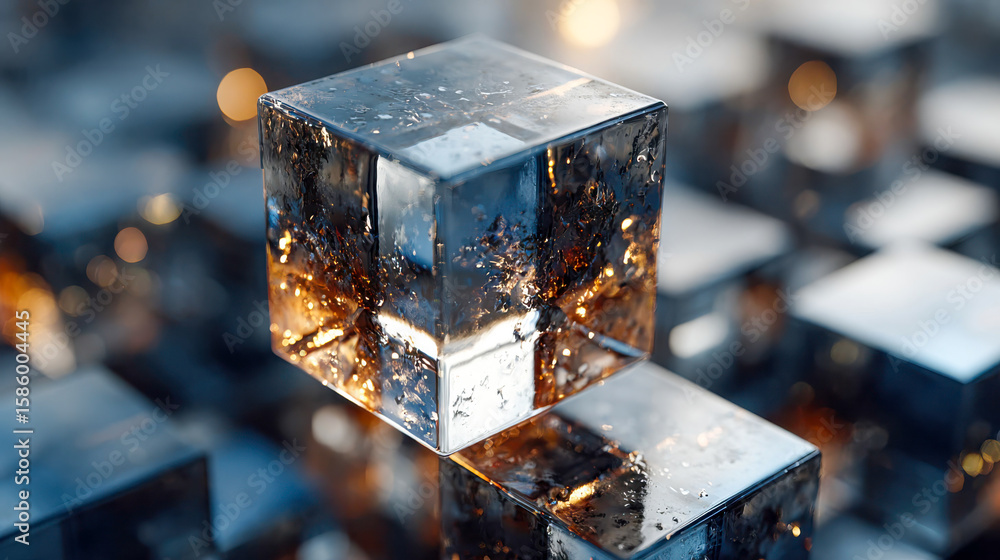 Aufkleber abstract close-up of glossy and textured metallic cubes arranged in a grid, showcasing vibrant refle