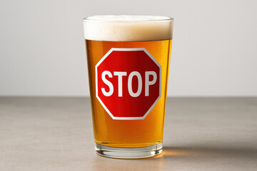 Glass of cold beer with a red stop sign on the front, symbolizing alcohol awareness and responsible drinking choices