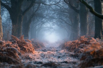Mysterious and enchanting forest path shrouded in fog and covered with frost