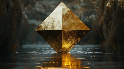Mysterious golden diamond shape resting on dark water, set against cavernous walls