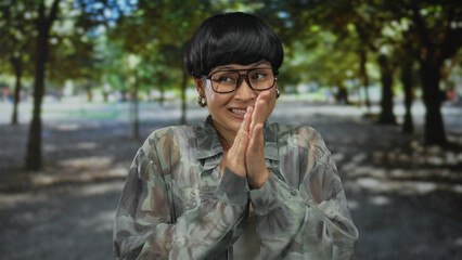 Young woman in park, clapping hands happily, in a peaceful outdoor setting with lush green trees,...