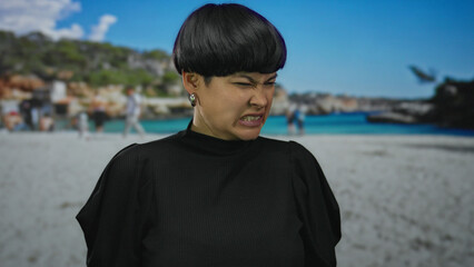 Young asian woman showing disgusted expression on a sunny beach day with a lively seaside backdrop.