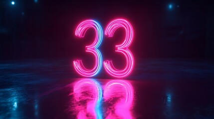 Neon Number ThirtyThree with Reflective Surface in Pink and Blue Lights