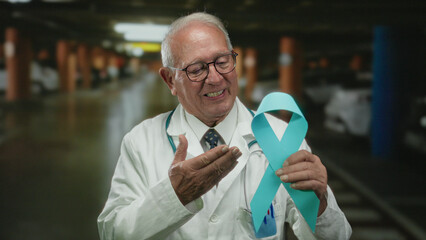 Senior male doctor holding a teal awareness ribbon in indoor parking, showcasing compassion and...