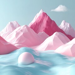 Surreal Pink Mountains with Turquoise Water and Floating Sphere Dreamscape Illustration