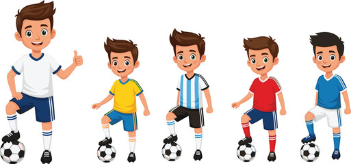 Group of cartoon soccer players, colorful uniforms, each with ball, sports team pose, child athletes, animated fun match illustration