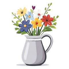 Vibrant bouquet of wildflowers in a stylish gray pitcher illustration art
