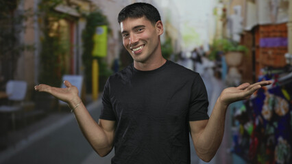 Man in black tshirt raises both palms and shrugs shoulders on street with blurred crowd behind him;...