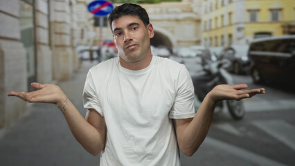 Young hispanic man in white tee shrugging with open palms among scooters and buildings on street;...
